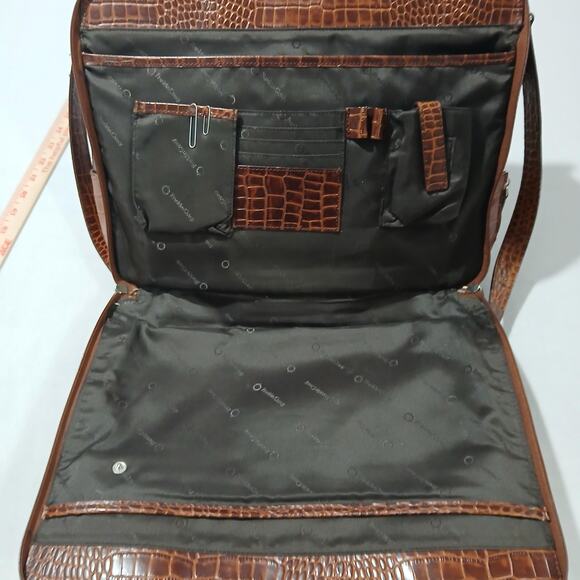Franklin Covey Croc Embossed Leather Briefcase Laptop Bag Brown Satchel Tote - Picture 9 of 16